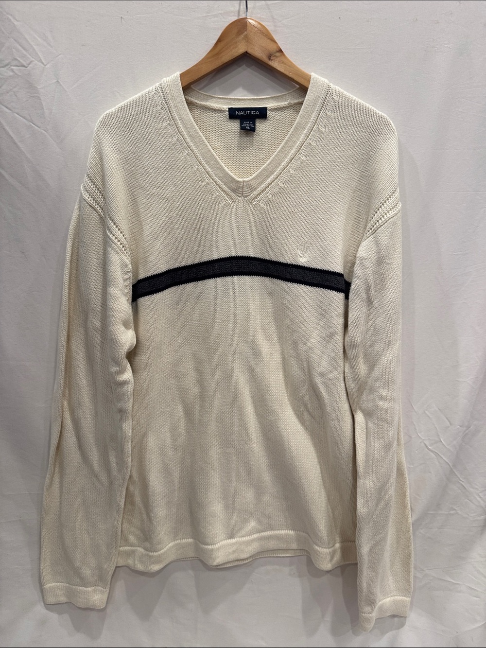 Nautica Cream V-Neck Cotton Sweater XL with Navy Chest Stripe Knit